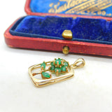 10ct Yellow Gold & Natural Emerald Flower Drop Pendant Vintage c1980