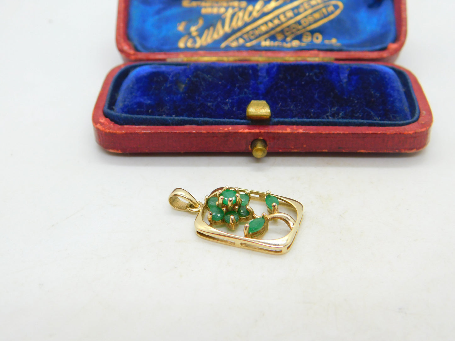 10ct Yellow Gold & Natural Emerald Flower Drop Pendant Vintage c1980