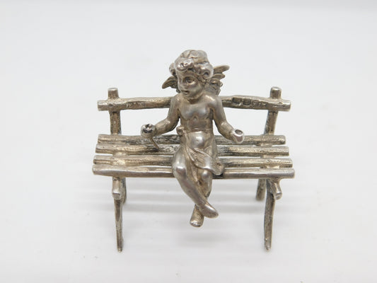 Victorian Sterling Silver Miniature Putti Cherub on Bench Figure Antique 1901 London