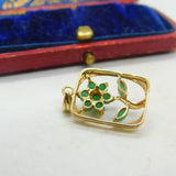 10ct Yellow Gold & Natural Emerald Flower Drop Pendant Vintage c1980