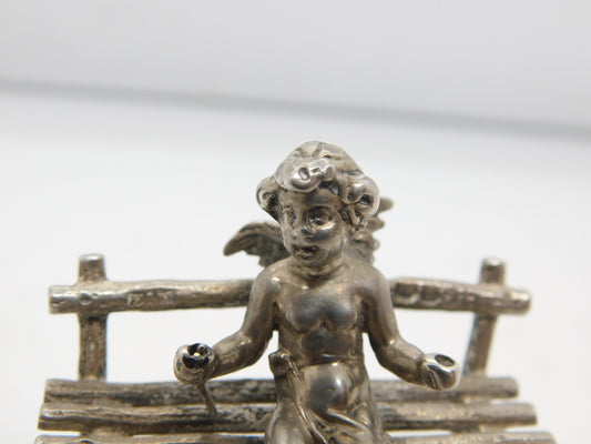 Victorian Sterling Silver Miniature Putti Cherub on Bench Figure Antique 1901 London