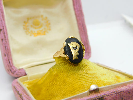 9ct Yellow Gold & Onyx 'P' Initial Signet Ring Antique c1920 Art Deco