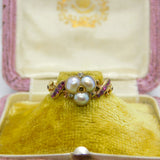 Victorian 18ct Gold Trefoil Set Freshwater Pearl, Ruby & Rose Cut Diamond Ring