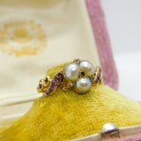 Victorian 18ct Gold Trefoil Set Freshwater Pearl, Ruby & Rose Cut Diamond Ring