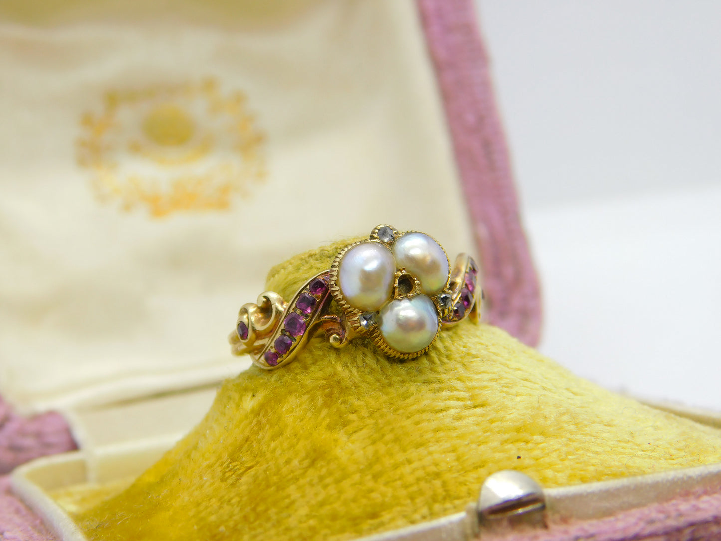 Victorian 18ct Gold Trefoil Set Freshwater Pearl, Ruby & Rose Cut Diamond Ring