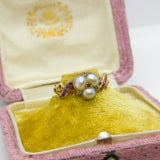 Victorian 18ct Gold Trefoil Set Freshwater Pearl, Ruby & Rose Cut Diamond Ring