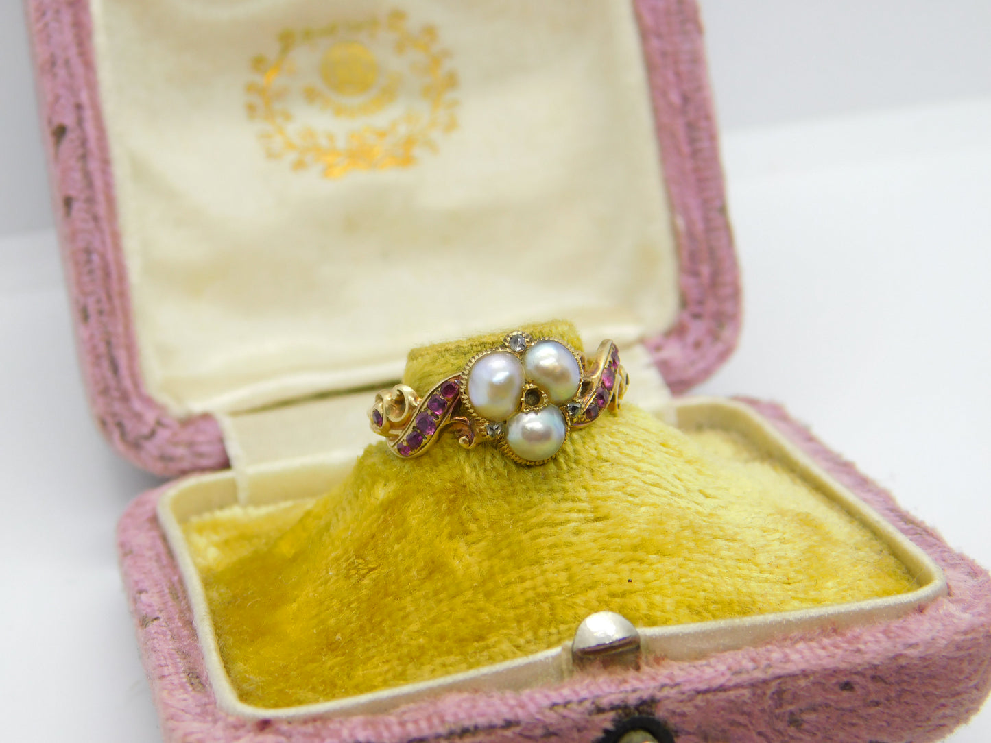 Victorian 18ct Gold Trefoil Set Freshwater Pearl, Ruby & Rose Cut Diamond Ring