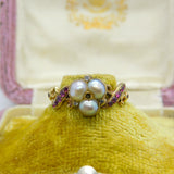 Victorian 18ct Gold Trefoil Set Freshwater Pearl, Ruby & Rose Cut Diamond Ring