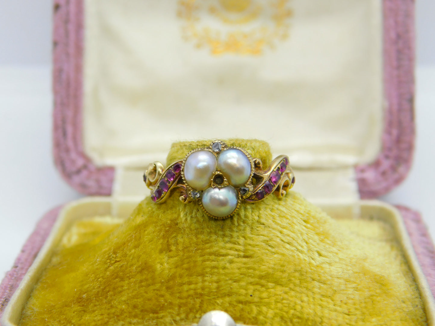 Victorian 18ct Gold Trefoil Set Freshwater Pearl, Ruby & Rose Cut Diamond Ring