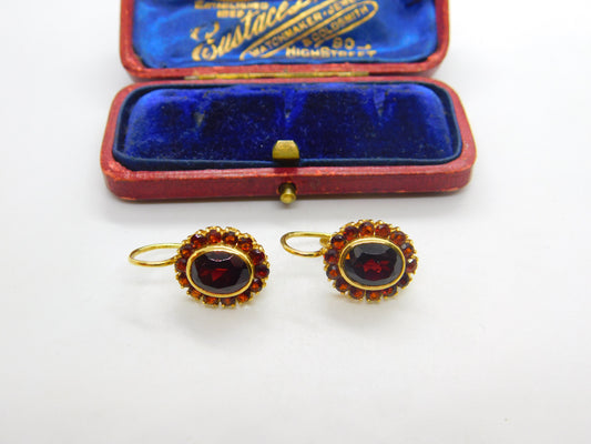 14ct Yellow Gold & Bohemian Garnet Set Floral Cluster Drop Earrings Vintage