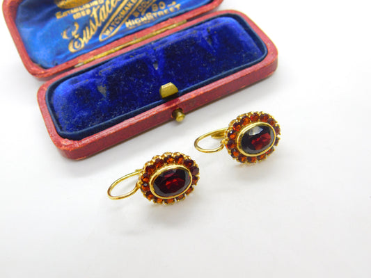 14ct Yellow Gold & Bohemian Garnet Set Floral Cluster Drop Earrings Vintage