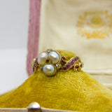 Victorian 18ct Gold Trefoil Set Freshwater Pearl, Ruby & Rose Cut Diamond Ring