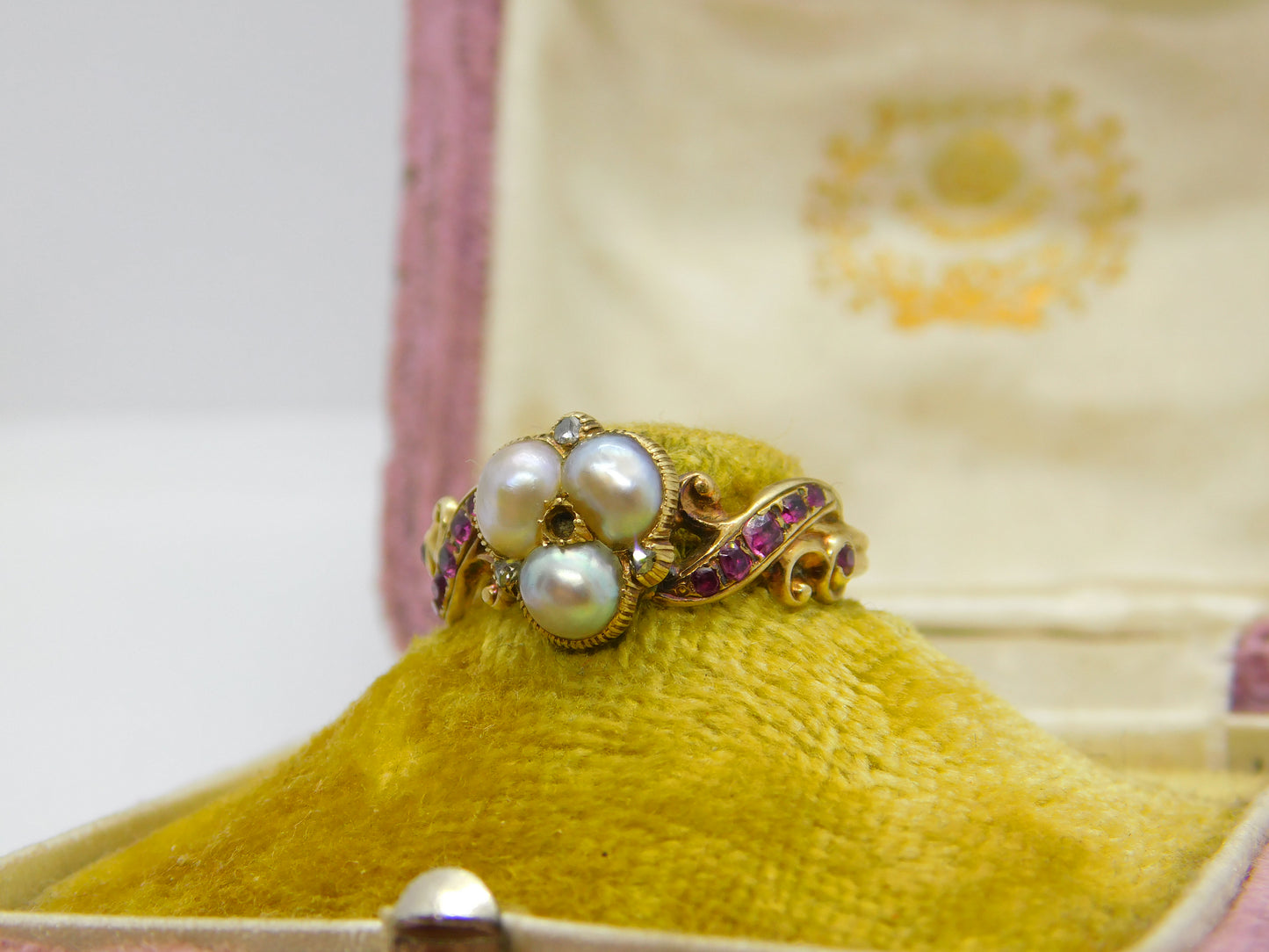 Victorian 18ct Gold Trefoil Set Freshwater Pearl, Ruby & Rose Cut Diamond Ring