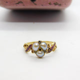 Victorian 18ct Gold Trefoil Set Freshwater Pearl, Ruby & Rose Cut Diamond Ring