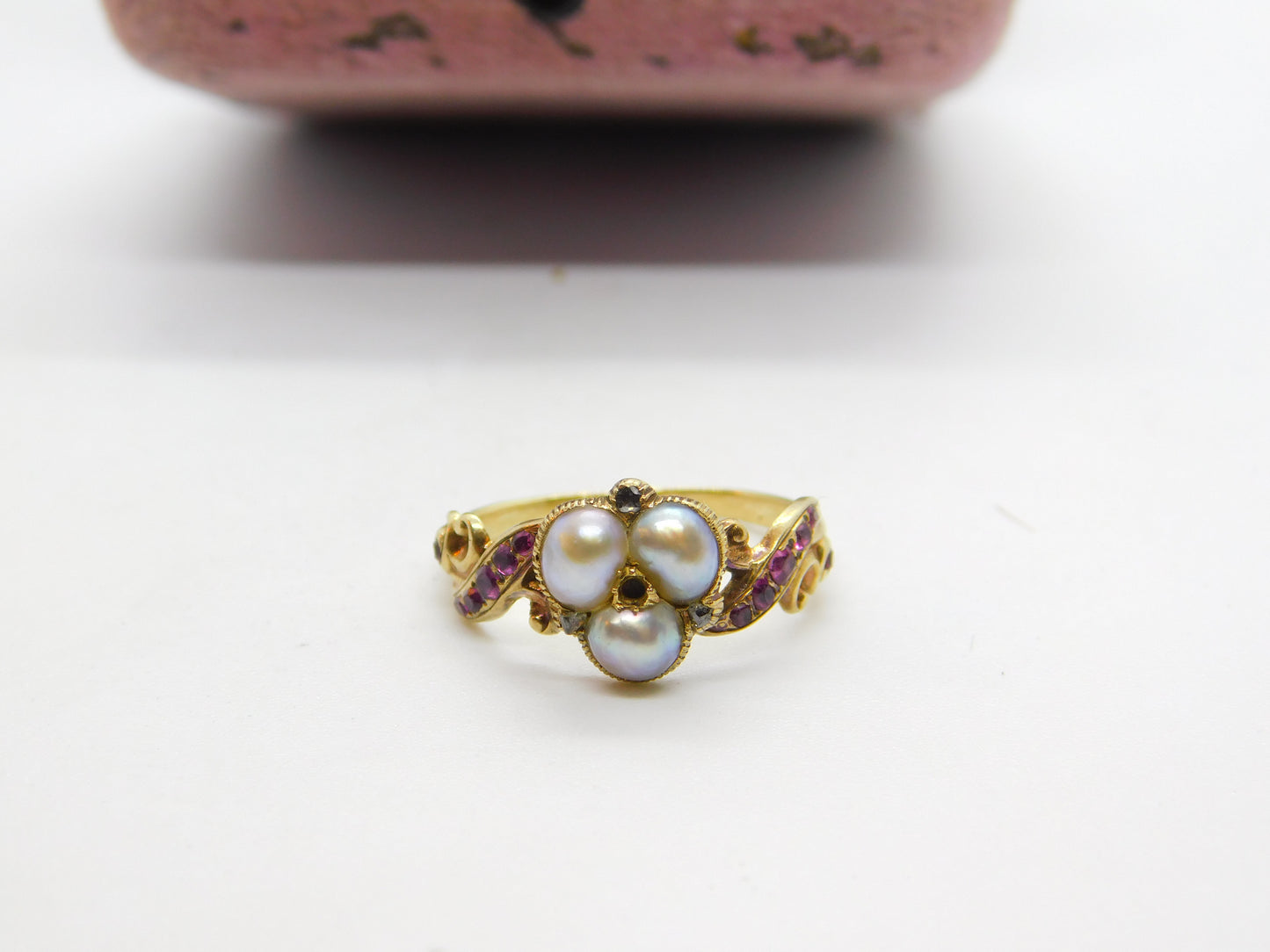 Victorian 18ct Gold Trefoil Set Freshwater Pearl, Ruby & Rose Cut Diamond Ring