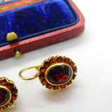 14ct Yellow Gold & Bohemian Garnet Set Floral Cluster Drop Earrings Vintage