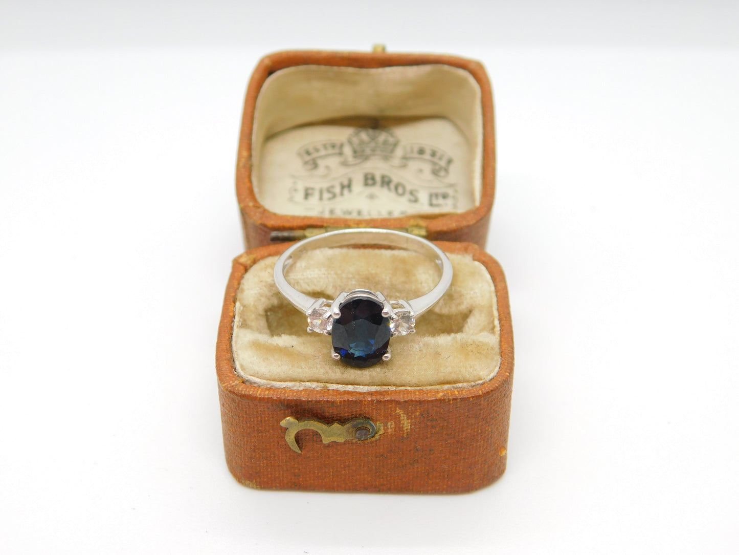 9ct White Gold 1ct Blue Sapphire & White Sapphire Engagement Ring Vintage c1990