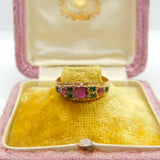 Victorian 15ct Gold, Tourmaline & Emerald Boat Ring Antique 1869 Floral Band