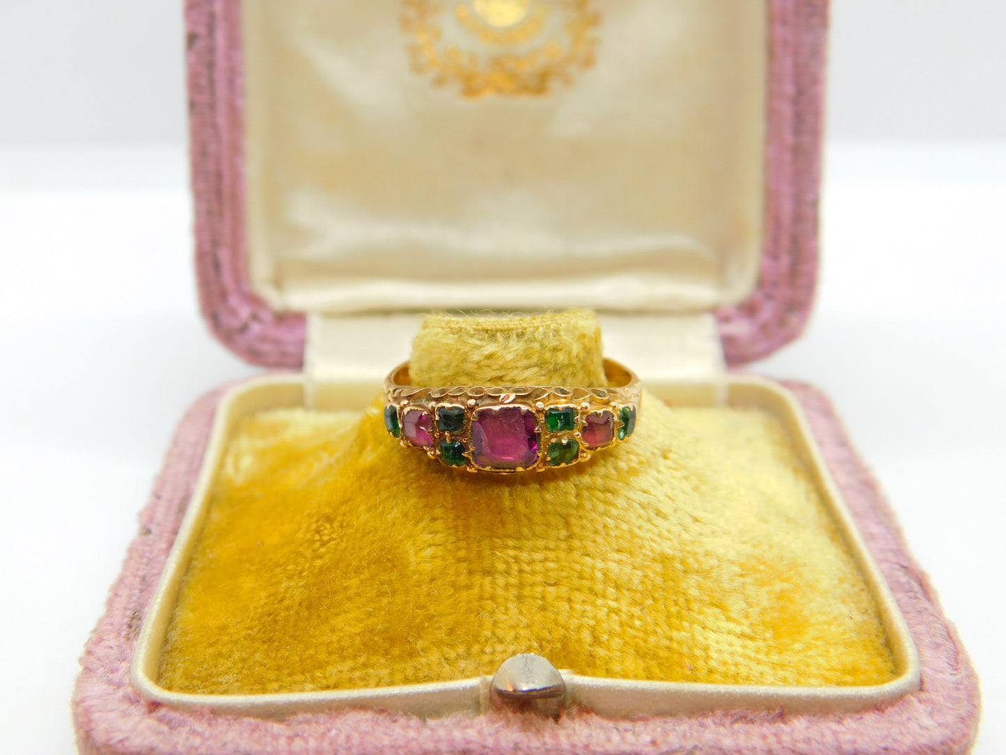 Victorian 15ct Gold, Tourmaline & Emerald Boat Ring Antique 1869 Floral Band