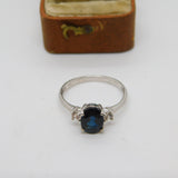 9ct White Gold 1ct Blue Sapphire & White Sapphire Engagement Ring Vintage c1990