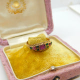 Victorian 15ct Gold, Tourmaline & Emerald Boat Ring Antique 1869 Floral Band