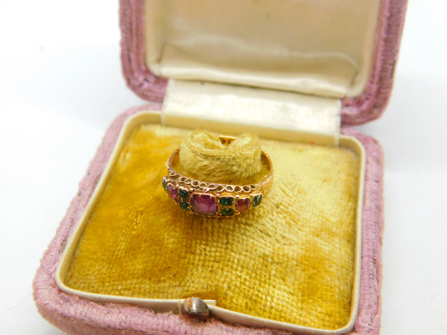 Victorian 15ct Gold, Tourmaline & Emerald Boat Ring Antique 1869 Floral Band