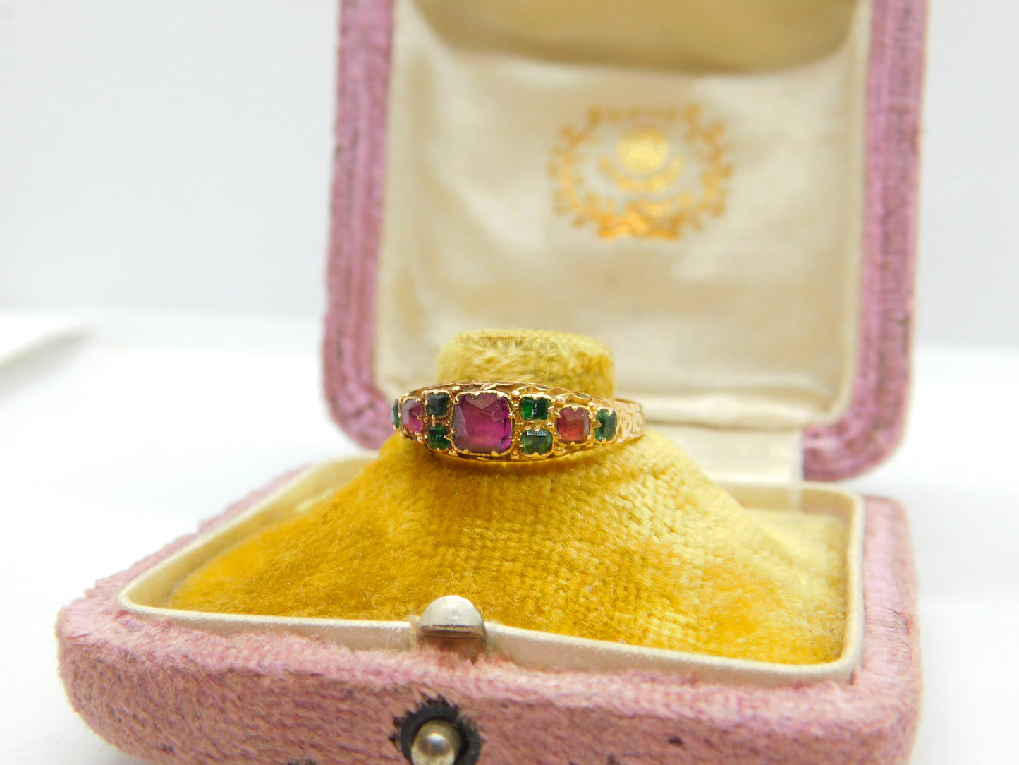 Victorian 15ct Gold, Tourmaline & Emerald Boat Ring Antique 1869 Floral Band