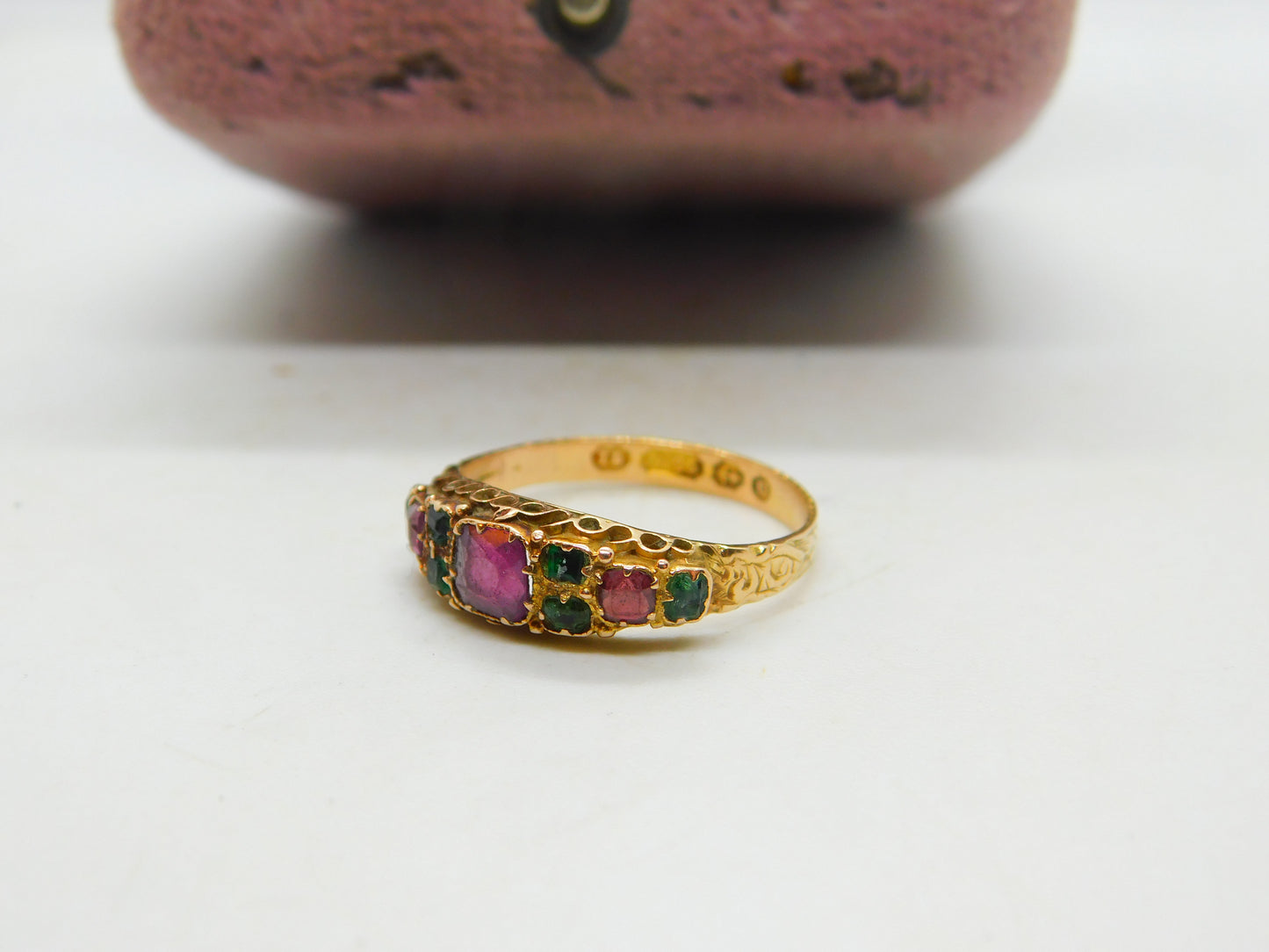 Victorian 15ct Gold, Tourmaline & Emerald Boat Ring Antique 1869 Floral Band