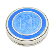 Sterling Silver Blue-White Enamel St Bartholomew Mirror Compact Antique 1930 Birmingham