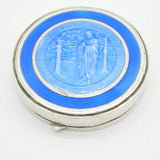 Sterling Silver Blue-White Enamel St Bartholomew Mirror Compact Antique 1930 Birmingham