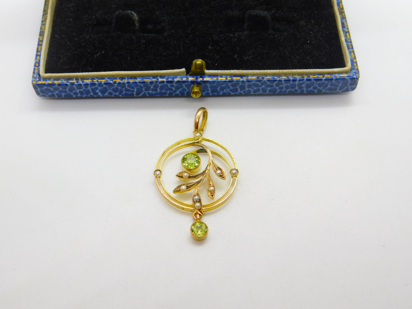 Edwardian 9ct Gold, Peridot & Seed Pearl Suffragette Lavalier Pendant Antique