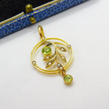Edwardian 9ct Gold, Peridot & Seed Pearl Suffragette Lavalier Pendant Antique