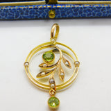Edwardian 9ct Gold, Peridot & Seed Pearl Suffragette Lavalier Pendant Antique