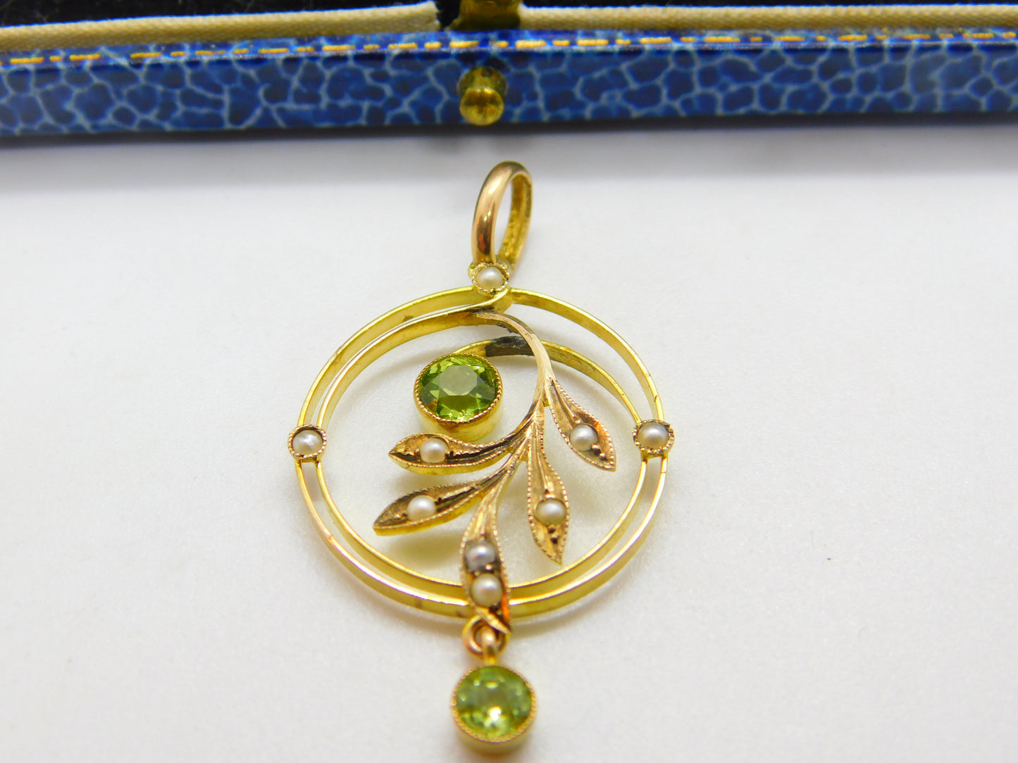 Edwardian 9ct Gold, Peridot & Seed Pearl Suffragette Lavalier Pendant Antique