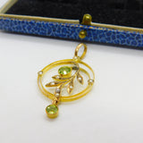 Edwardian 9ct Gold, Peridot & Seed Pearl Suffragette Lavalier Pendant Antique