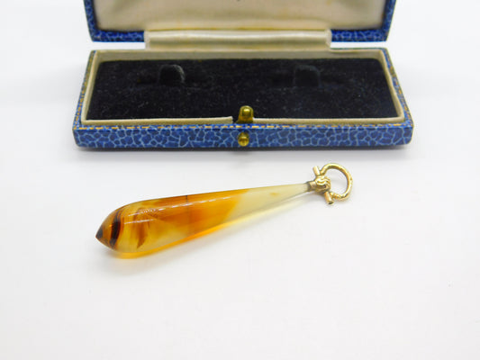 Victorian 15ct Gold & Torpedo Carved Banded Agate Drop Pendant Antique c1860