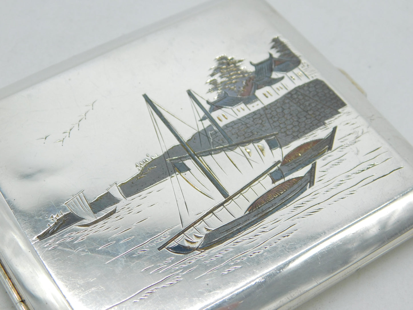 Japanese .950 Silver & Shakudo Enamel Rural Scene Cigarette Case Antique c1920