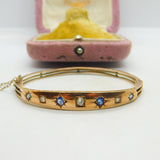 Victorian 9ct Gold, 0.4ct Diamond & Sapphire Bangle Bracelet Antique 1894