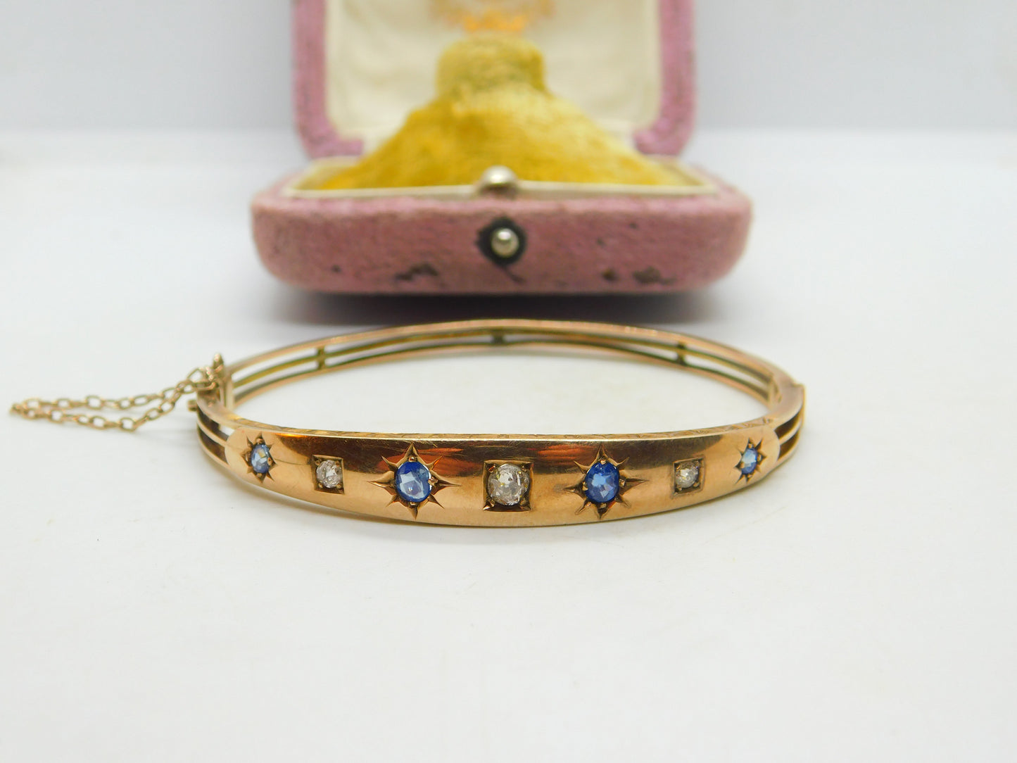 Victorian 9ct Gold, 0.4ct Diamond & Sapphire Bangle Bracelet Antique 1894