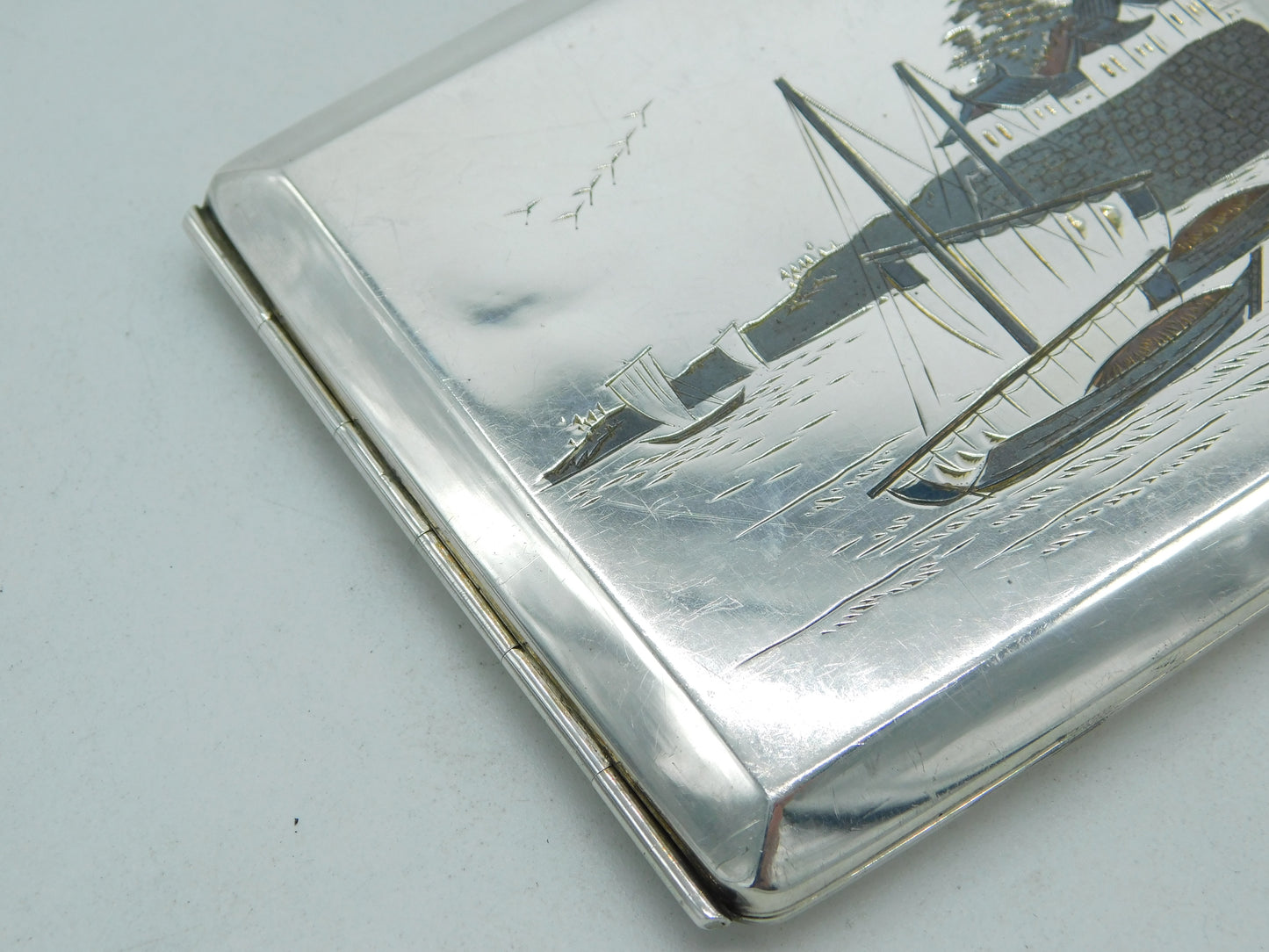 Japanese .950 Silver & Shakudo Enamel Rural Scene Cigarette Case Antique c1920