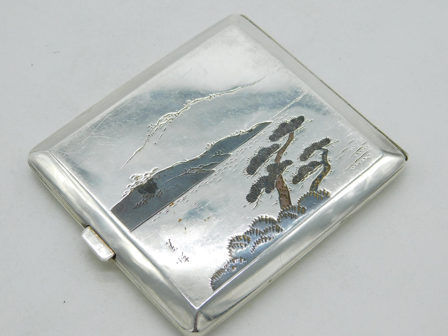 Japanese .950 Silver & Shakudo Enamel Rural Scene Cigarette Case Antique c1920