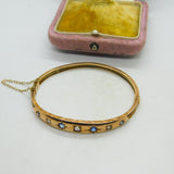 Victorian 9ct Gold, 0.4ct Diamond & Sapphire Bangle Bracelet Antique 1894
