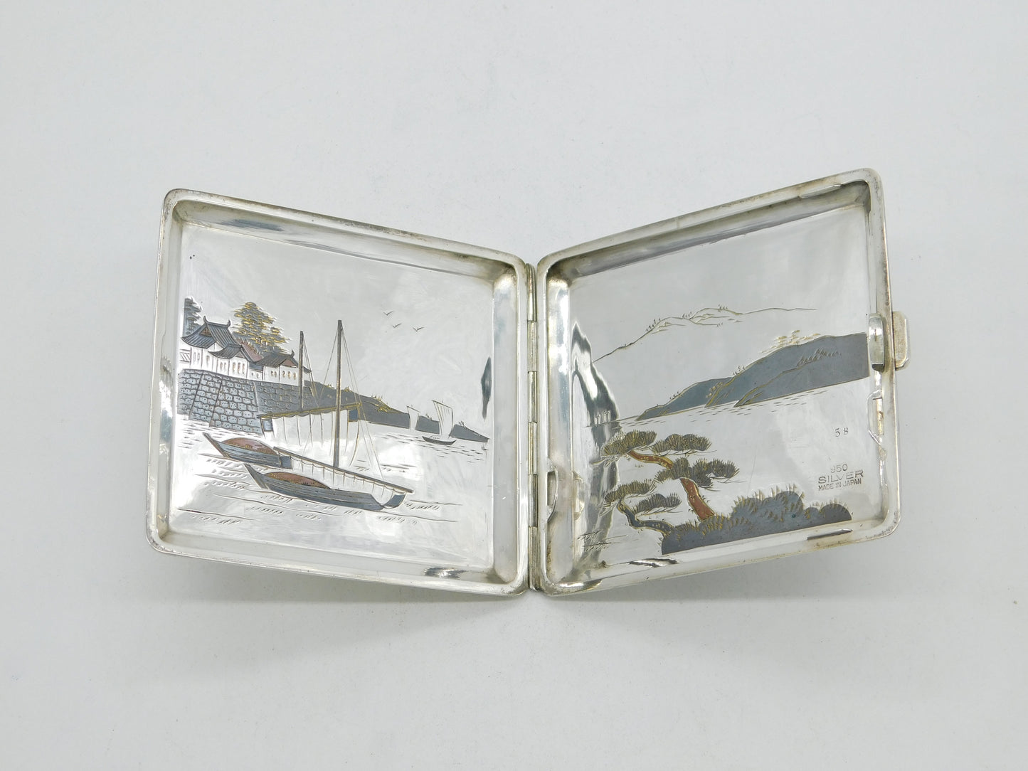 Japanese .950 Silver & Shakudo Enamel Rural Scene Cigarette Case Antique c1920