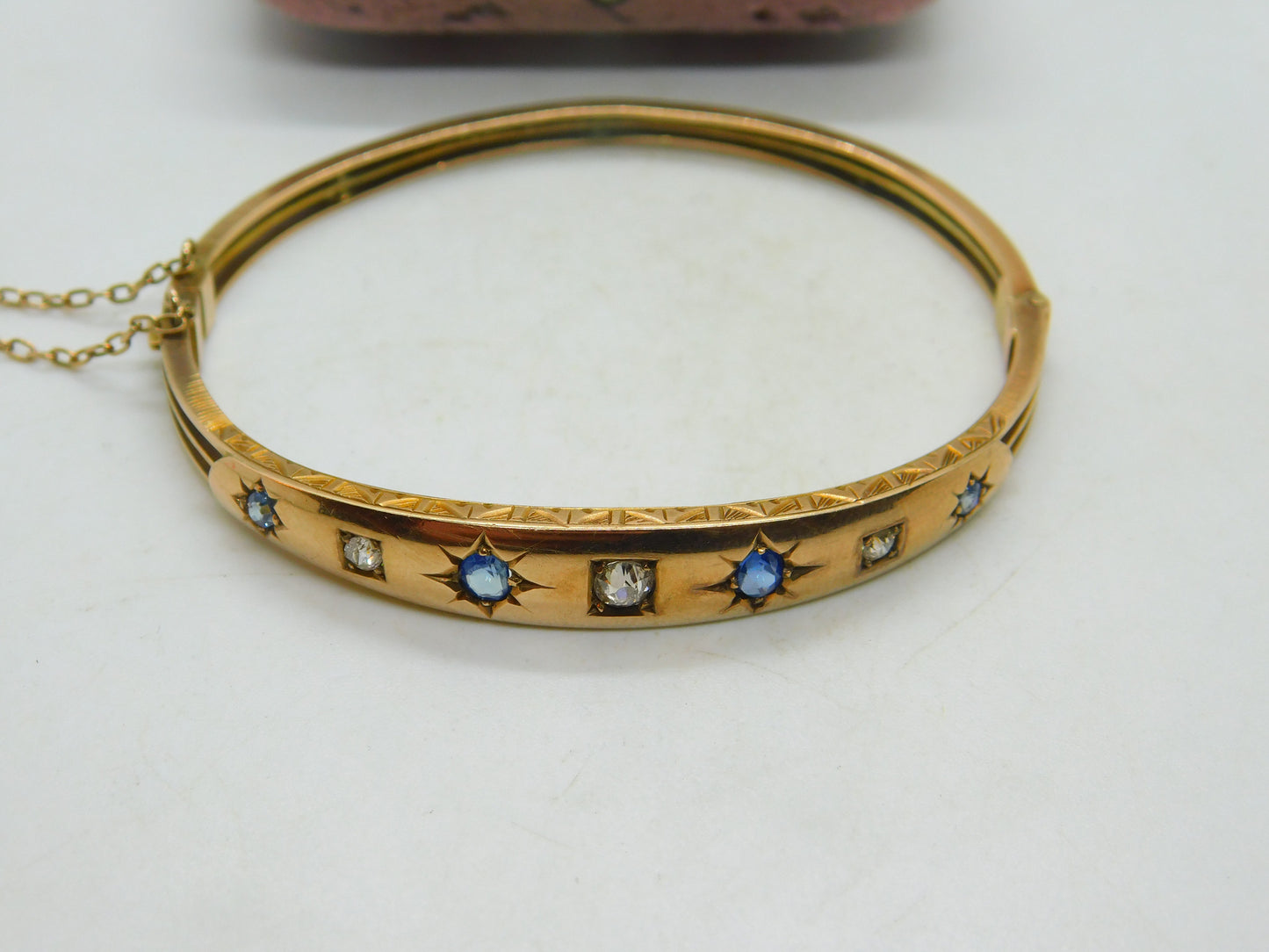 Victorian 9ct Gold, 0.4ct Diamond & Sapphire Bangle Bracelet Antique 1894