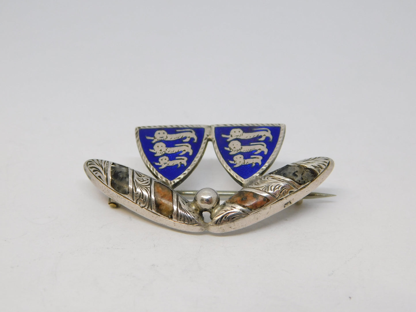 Edwardian Sterling Silver, Enamel & Agate Sporting Brooch Antique 1901 Birmingham