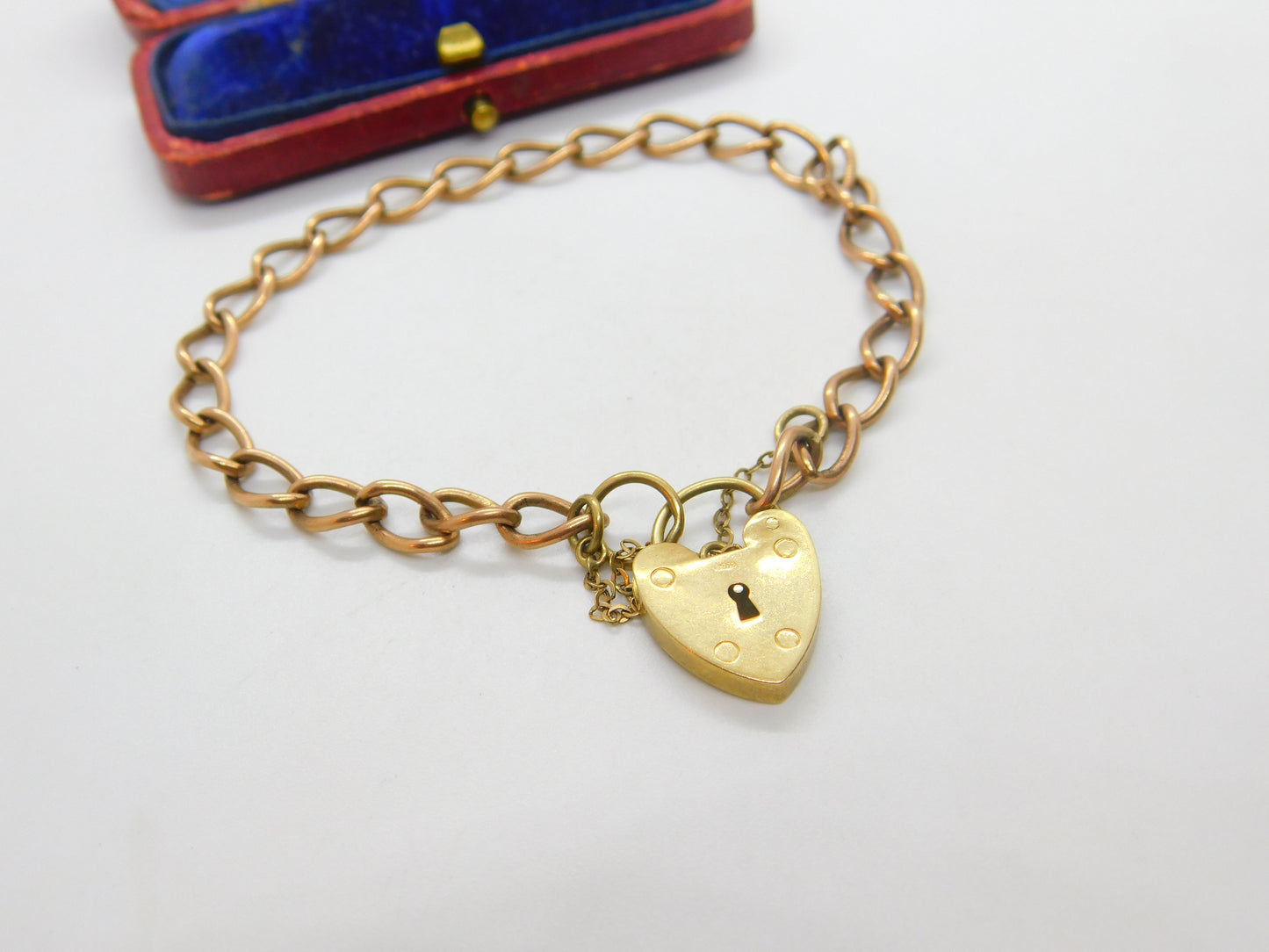 9ct Rose Gold Curb Link Charm Bracelet Heart Lock Clasp 1961 London Vintage