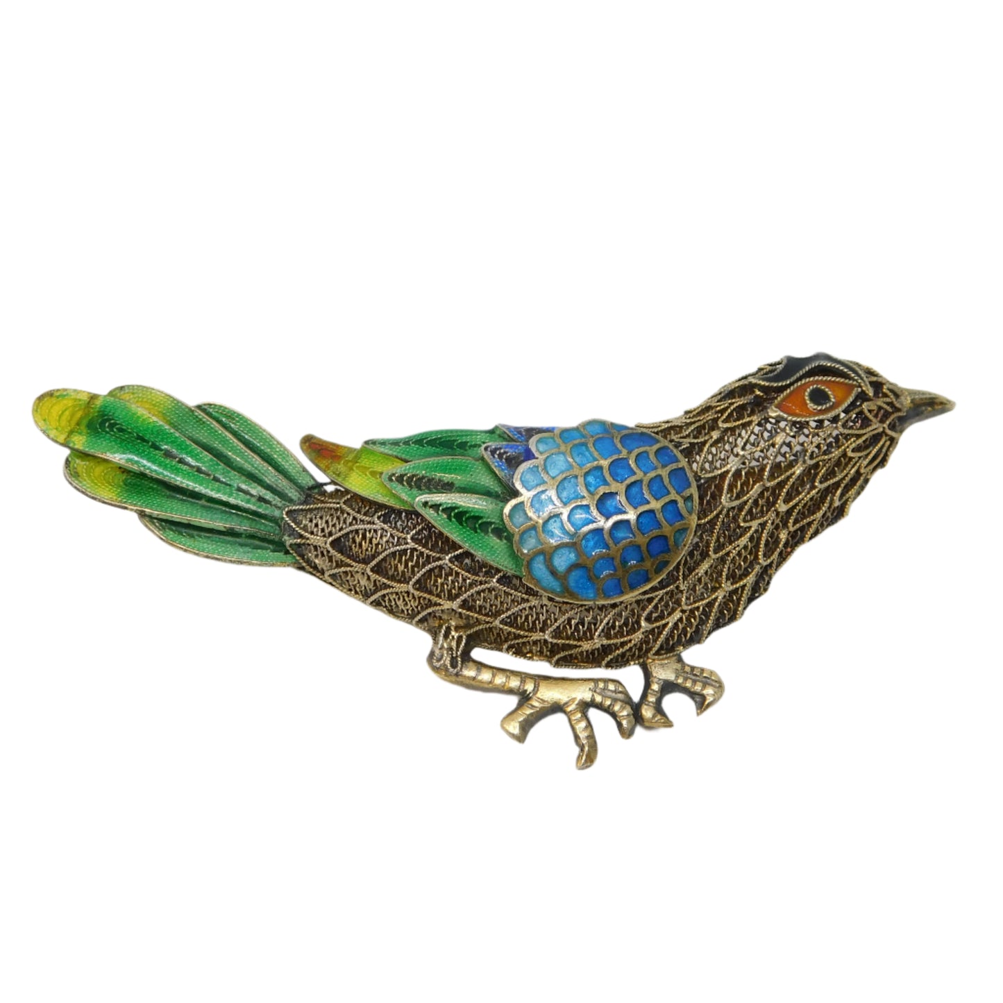 Chinese Sterling Silver Gilt & Enamel Bird Sweetheart Brooch Vintage c1950