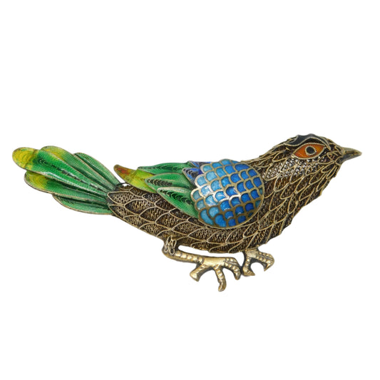 Chinese Sterling Silver Gilt & Enamel Bird Sweetheart Brooch Vintage c1950