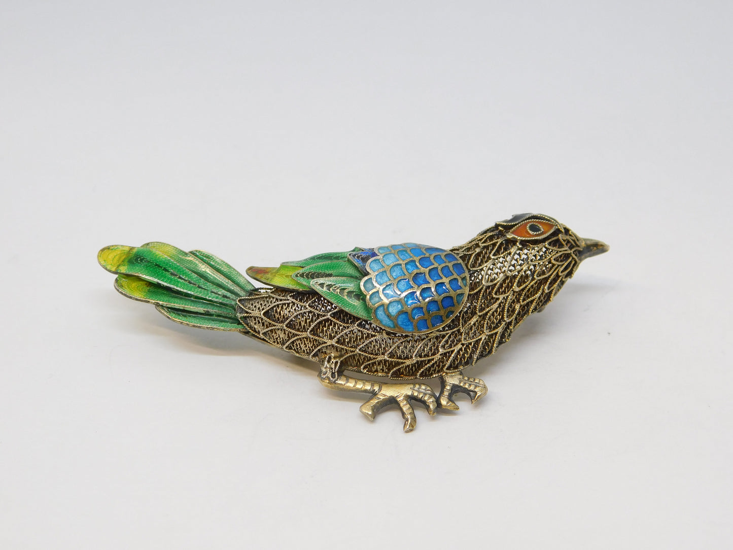 Chinese Sterling Silver Gilt & Enamel Bird Sweetheart Brooch Vintage c1950