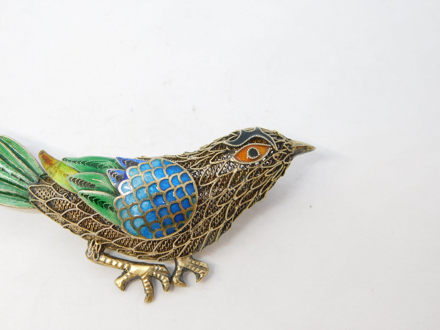 Chinese Sterling Silver Gilt & Enamel Bird Sweetheart Brooch Vintage c1950